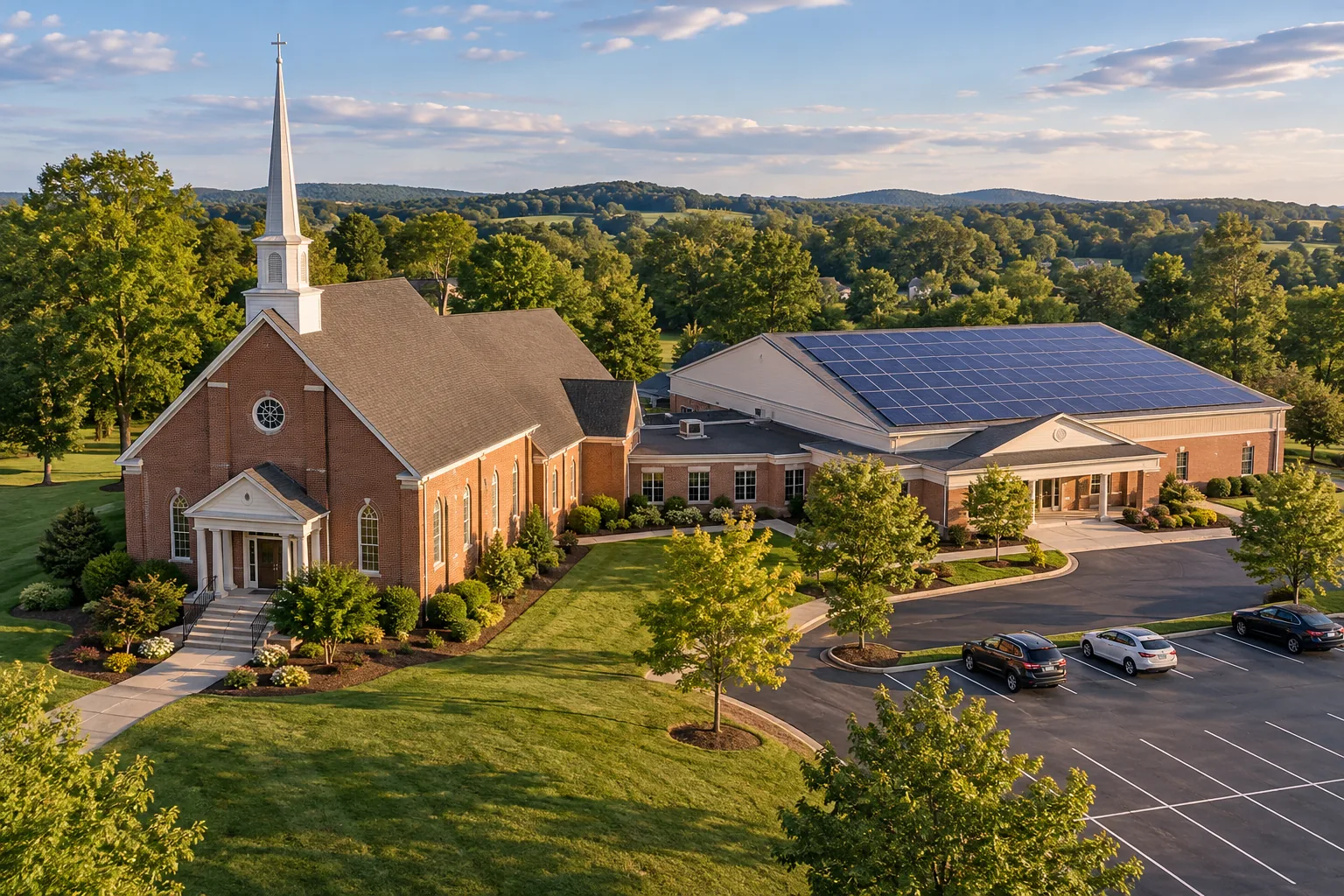 AI concept of solar panels on a church fellowship hall