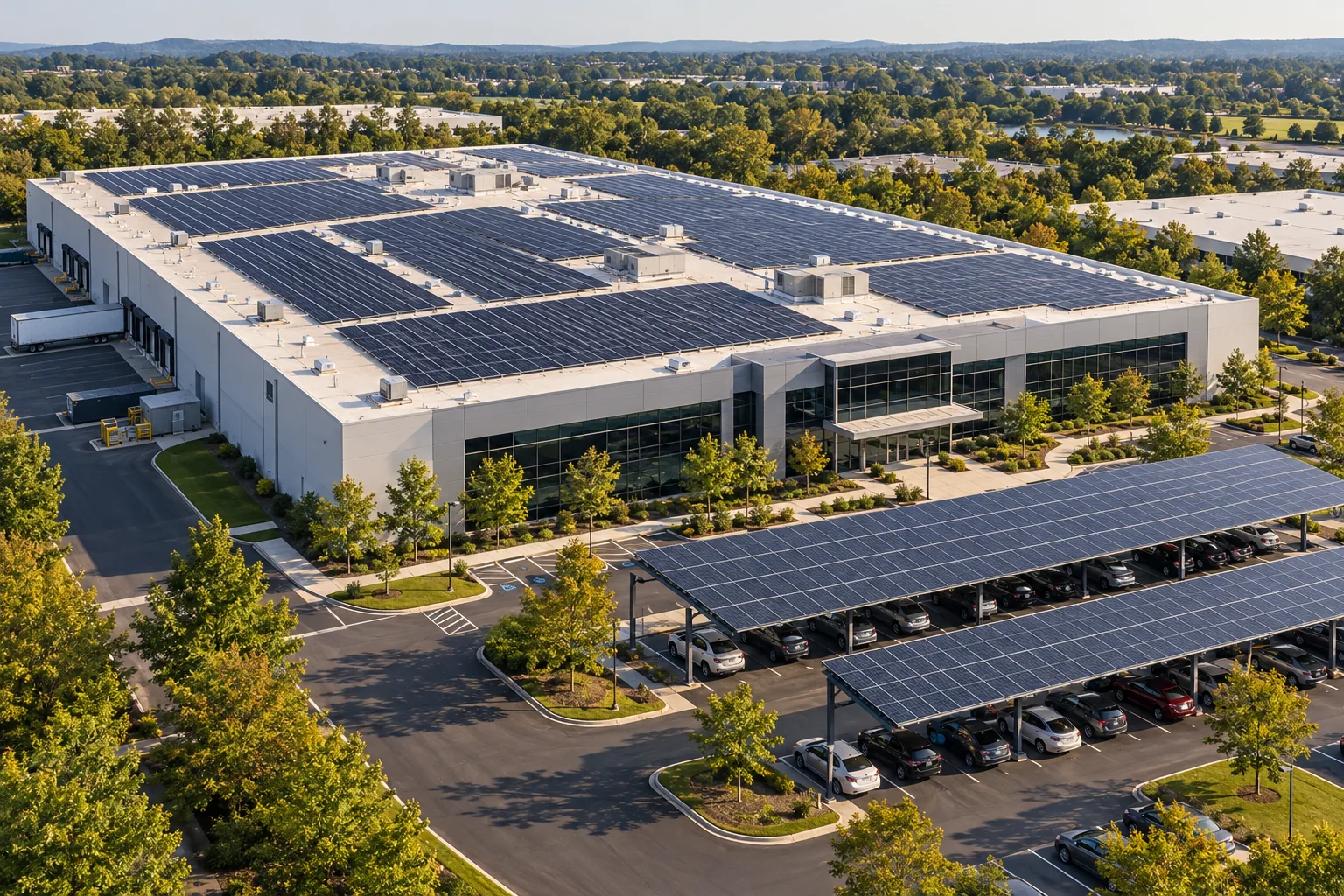 AI concept of rooftop and carport solar at a business property