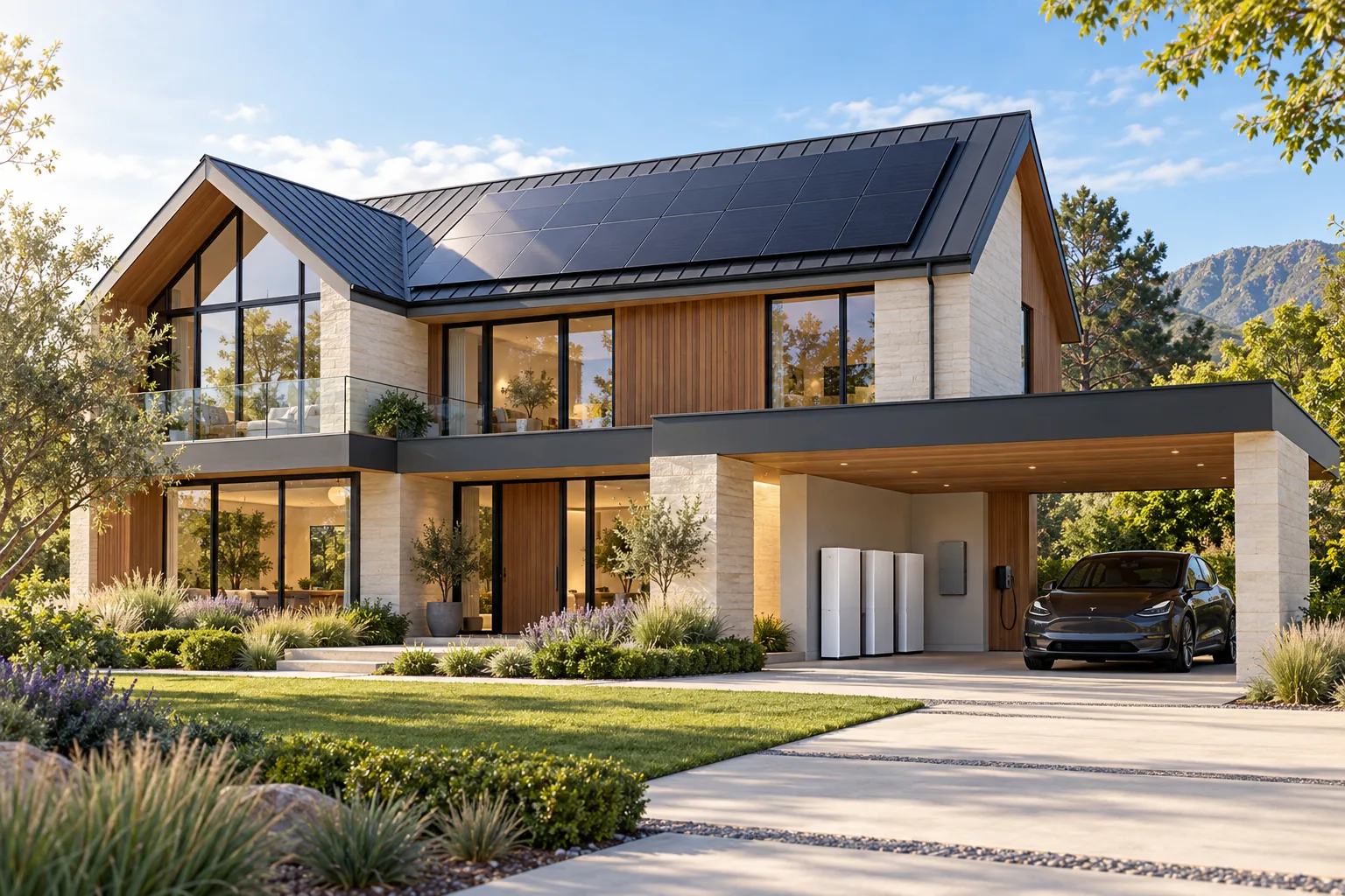 Illustrative home with rooftop solar panels, battery storage, a smart electrical panel and EV charging