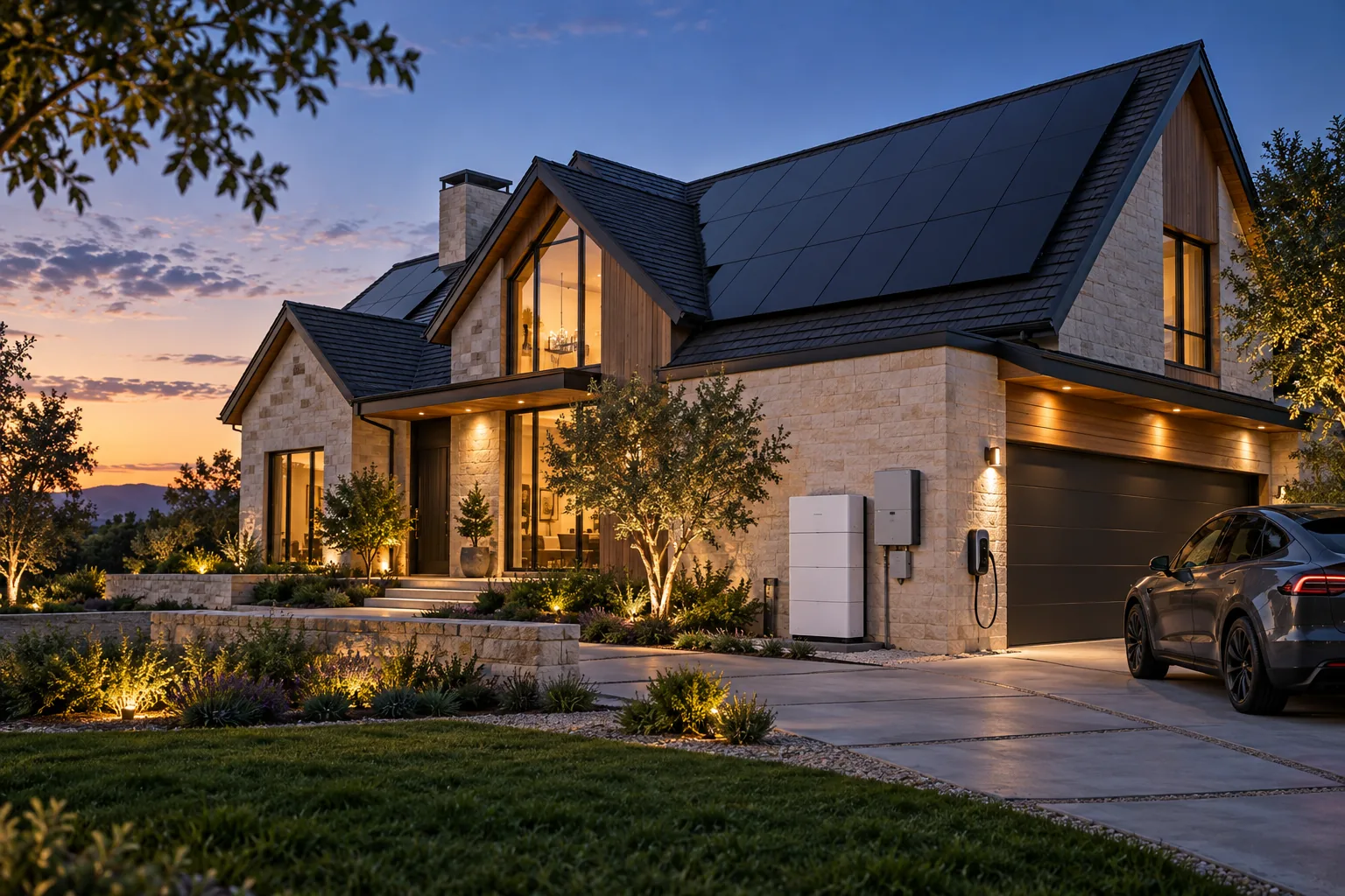 AI-generated architectural concept of an elegant home with rooftop solar, battery storage and EV charging