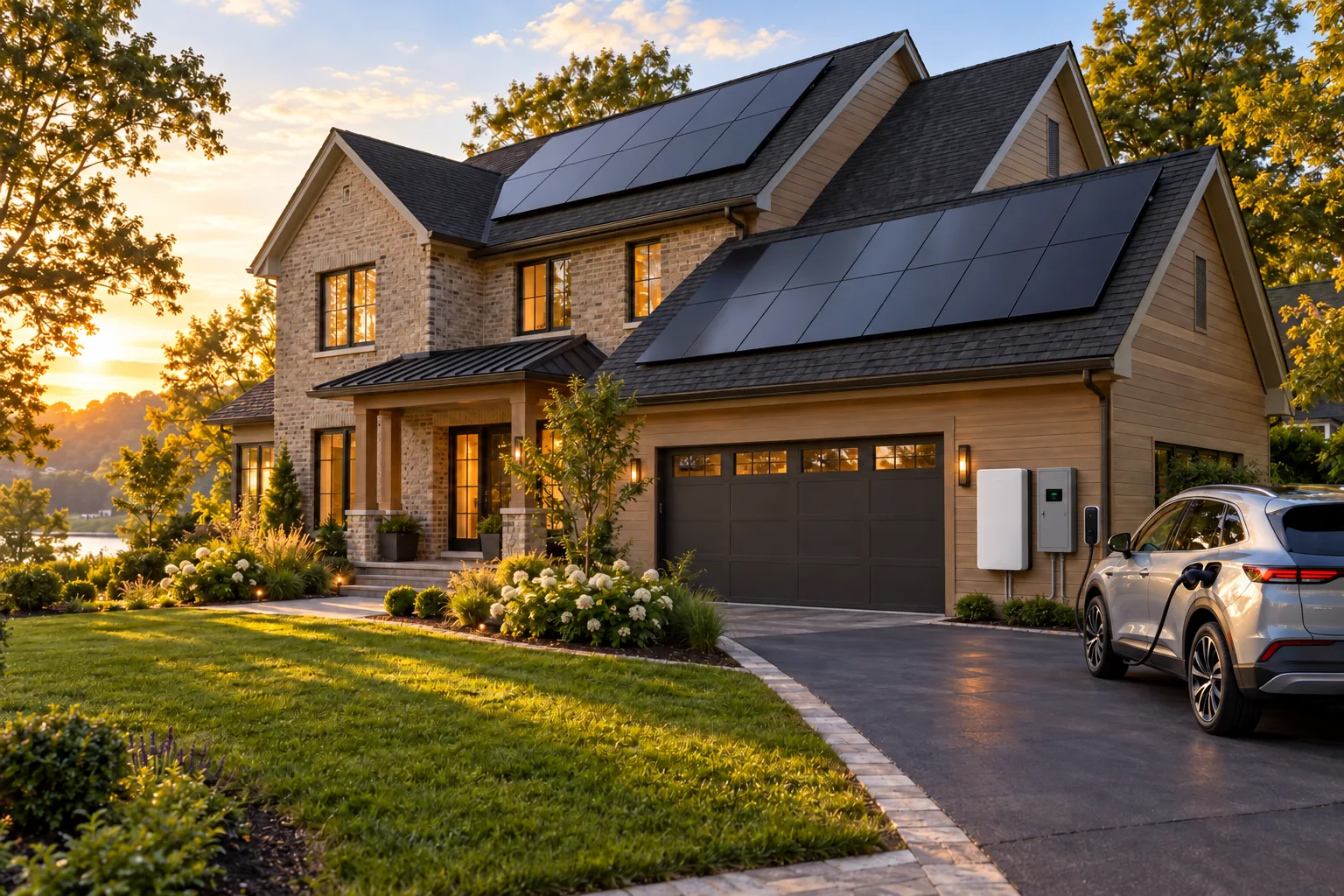 Integrated home energy concept showing solar generation, battery storage, smart panel and EV charging